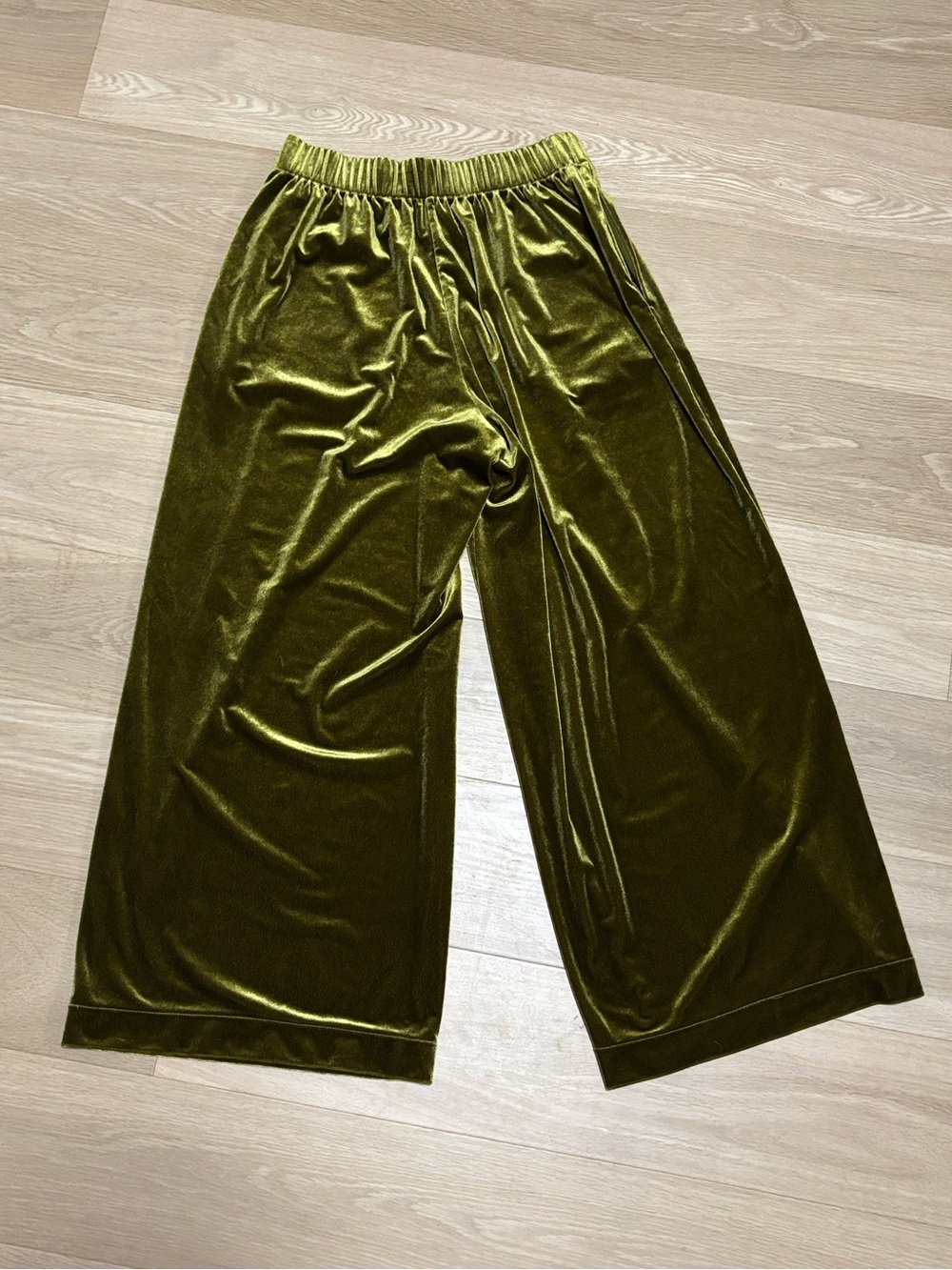 UNIQLO (M) Velour Wide Straight Leg Cropped Pants Soft Cozy Stretch Olive Green - Picture 11 of 14